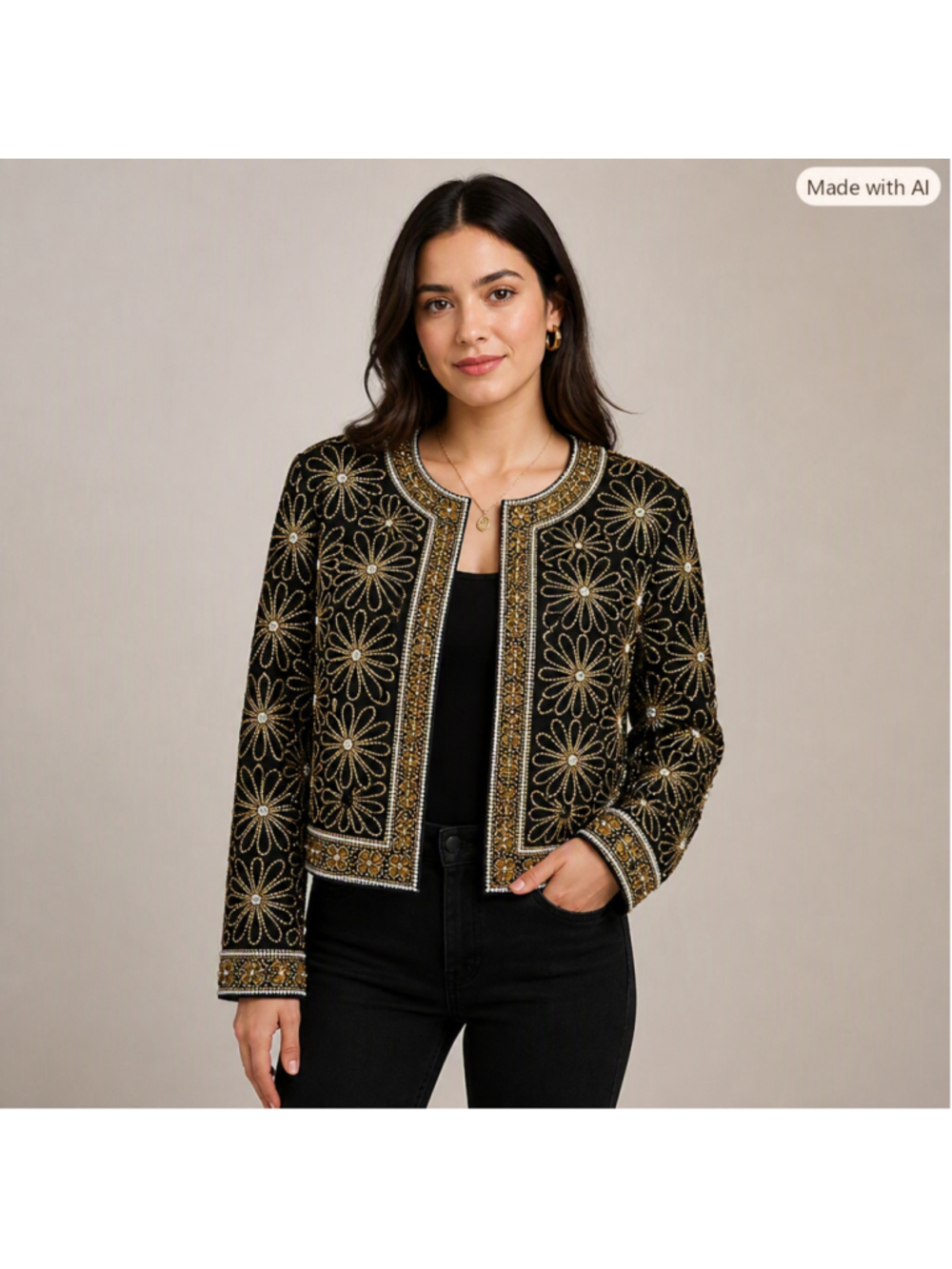 Papell Boutique Evening Silk Beaded Floral Gold Hook Cardigan Statement Women 10
